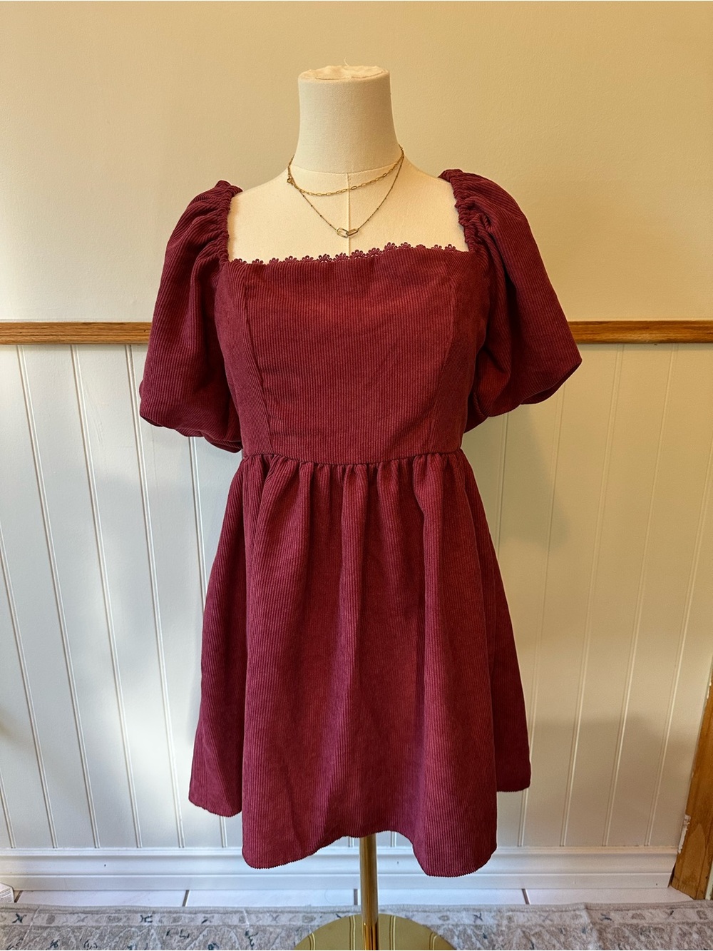 Square Neck Puff Sleeve Mini Dress in Wine - Picture 2 of 7